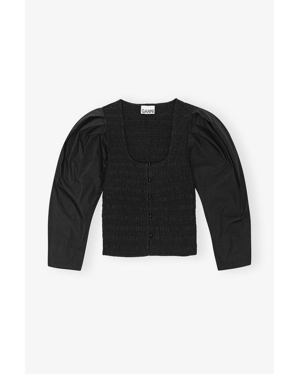Ganni Black Cotton Poplin Smock Blouse