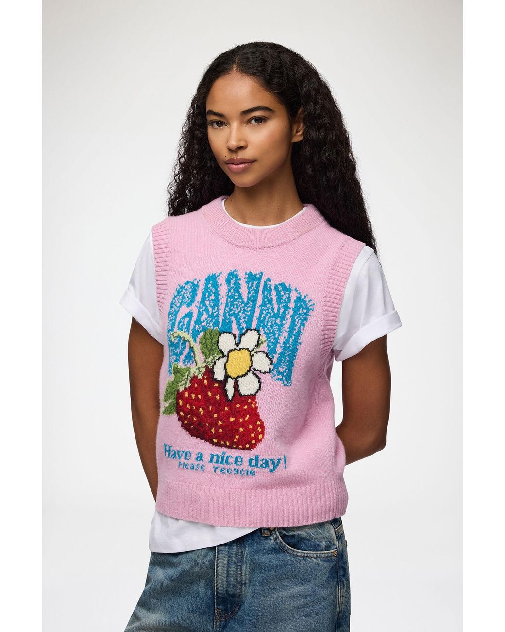 Ganni White Knit Vest With Strawberry