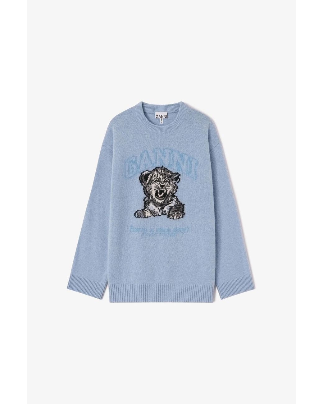 Ganni Blue Oversized Jumper With Tiger