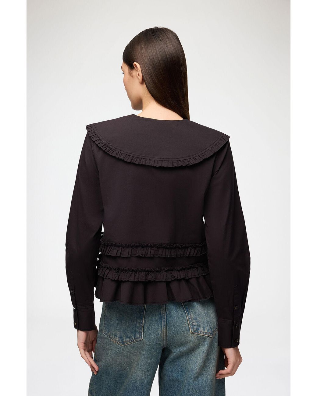 Ganni Black Stretch Cotton Ruffle Shirt