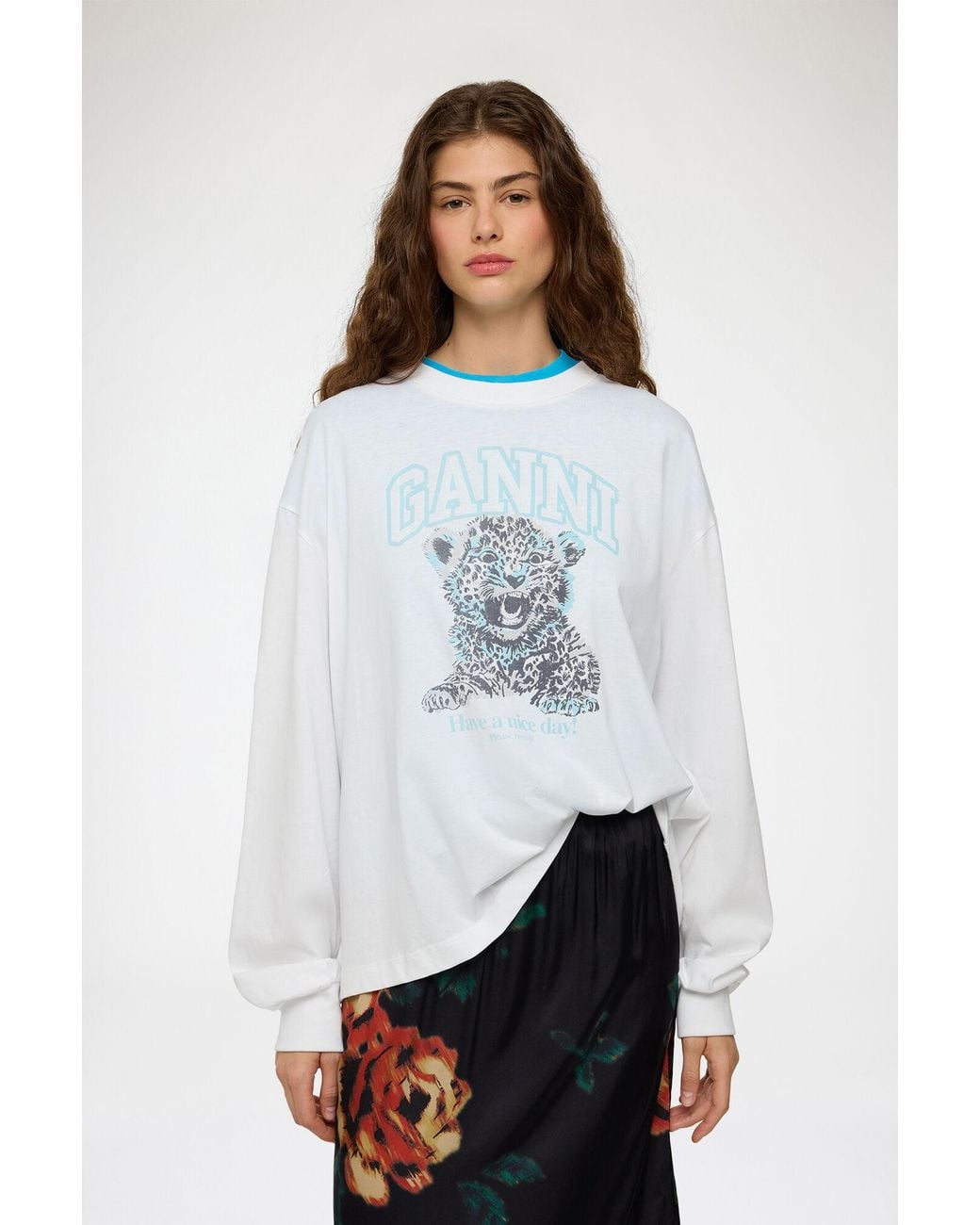Ganni White Long-Sleeve T-Shirt With Tiger