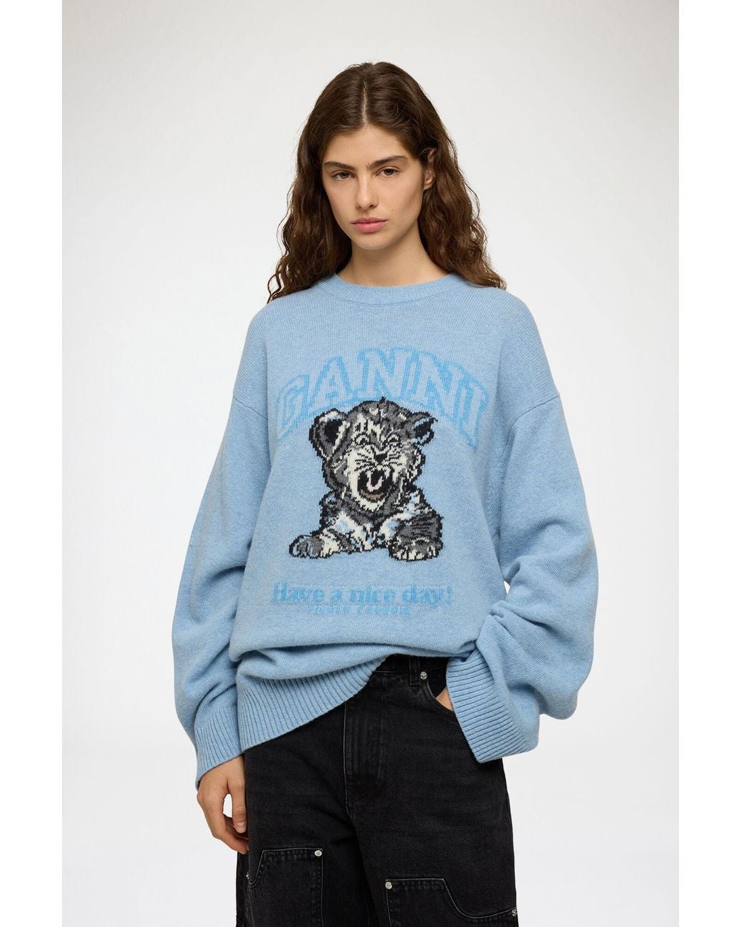 Ganni Blue Oversized Jumper With Tiger