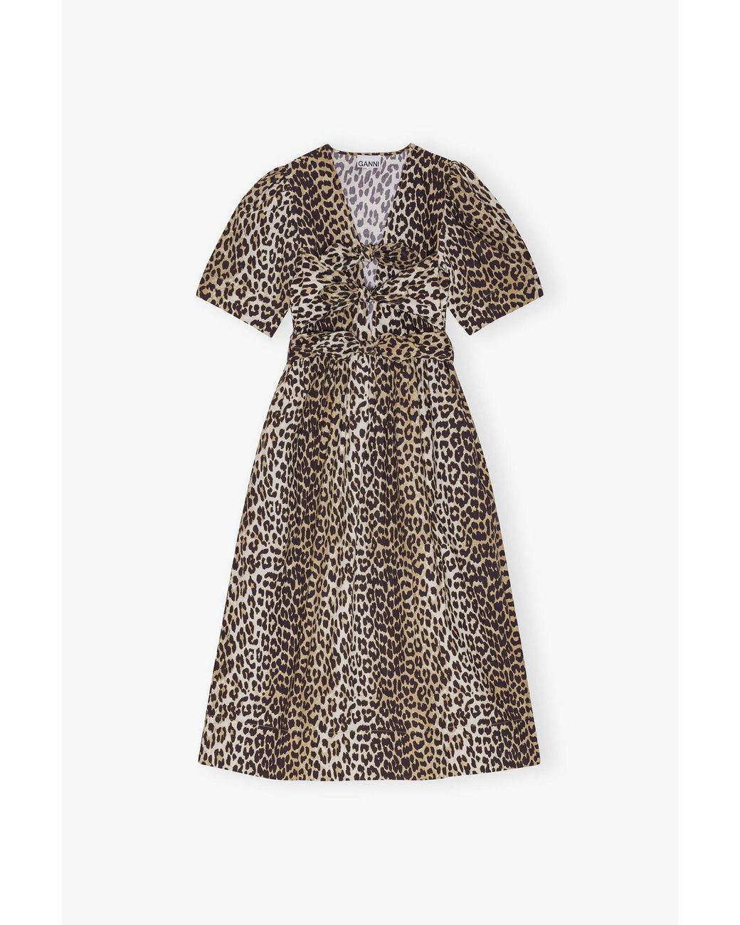 Ganni Natural Leopard Printed Cotton Tie Strap Midi Dress
