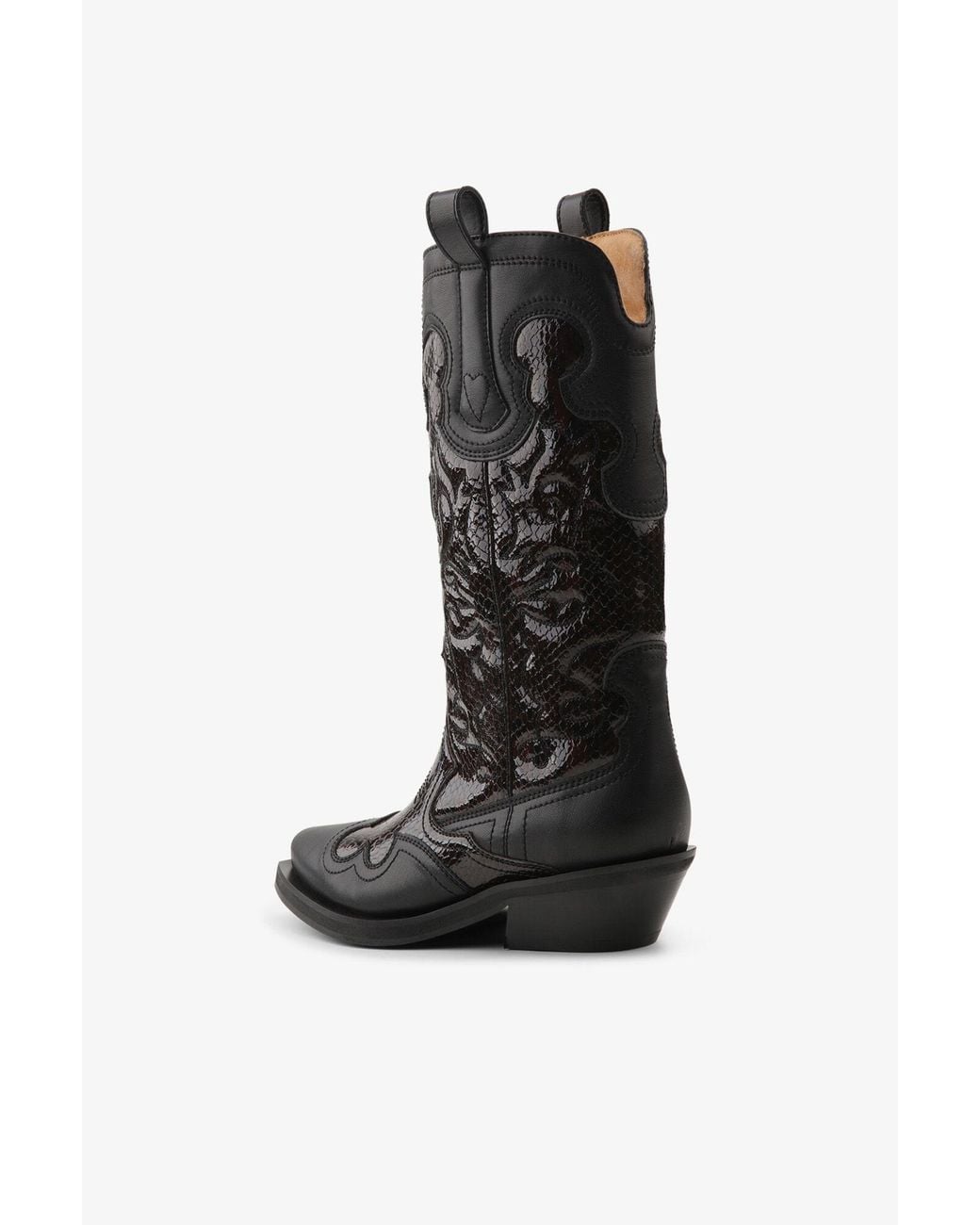 Ganni Black Mid Shaft Embroidered Western Boots