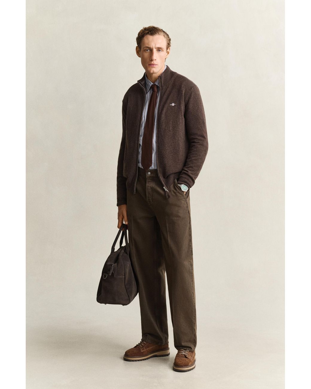 Gant Brown Lambswool Zip Cardigan Dark Melange for men