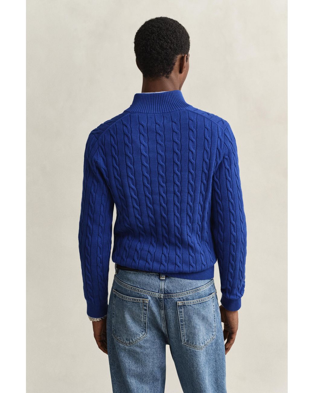 Gant Blue Cotton Cable Knit Half-Zip Sweater for men