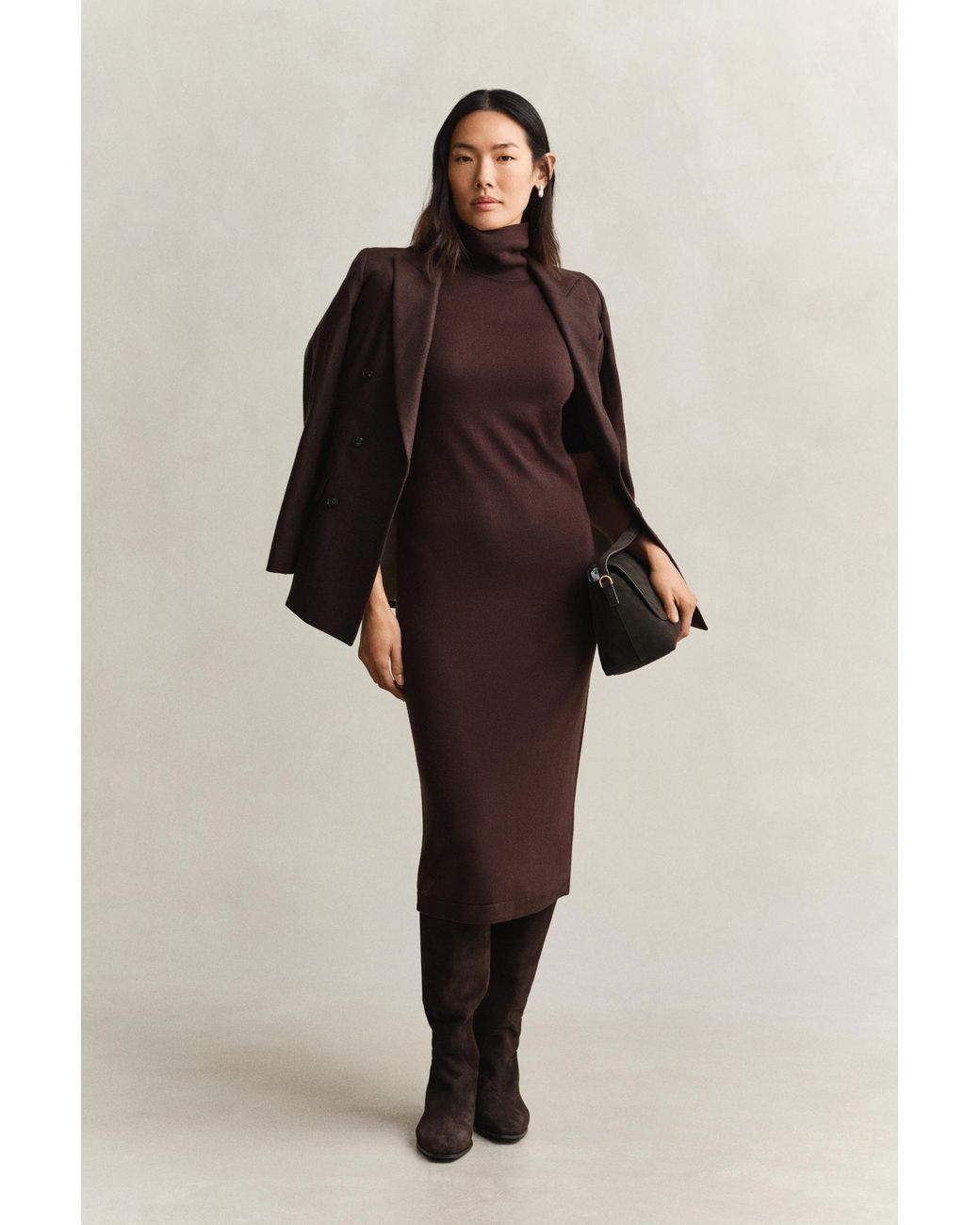Gant Brown Merino Wool Turtleneck Dress Deep