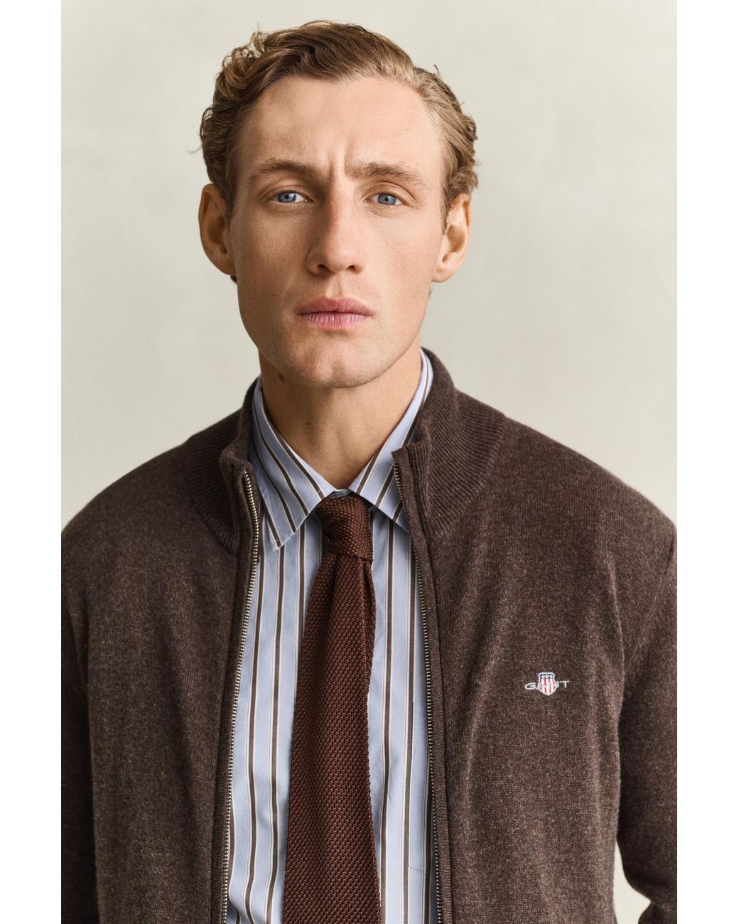 Gant Brown Lambswool Zip Cardigan Dark Melange for men