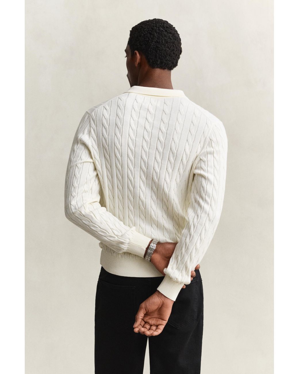 Gant Natural Cotton Cable Knit Polo Sweater Cream for men
