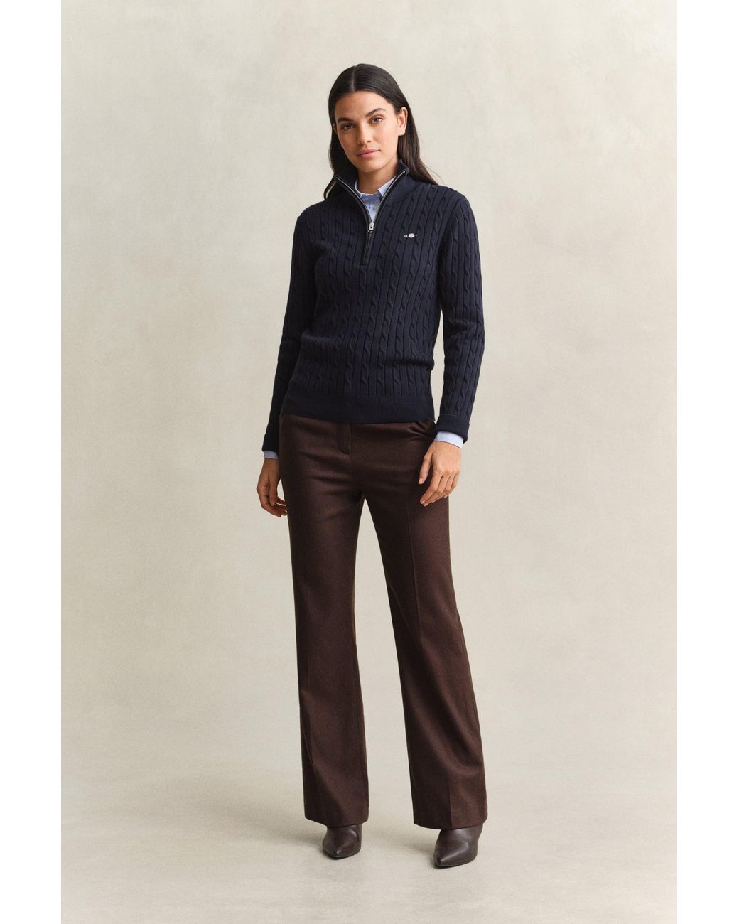 Gant Blue Stretch Cotton Cable Knit Half-Zip Sweater