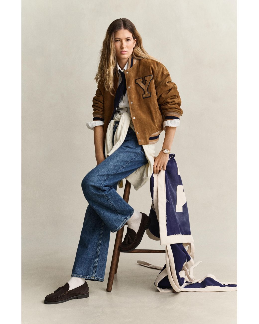 Gant Blue X Yale Suede Varsity Jacket Roasted Walnut