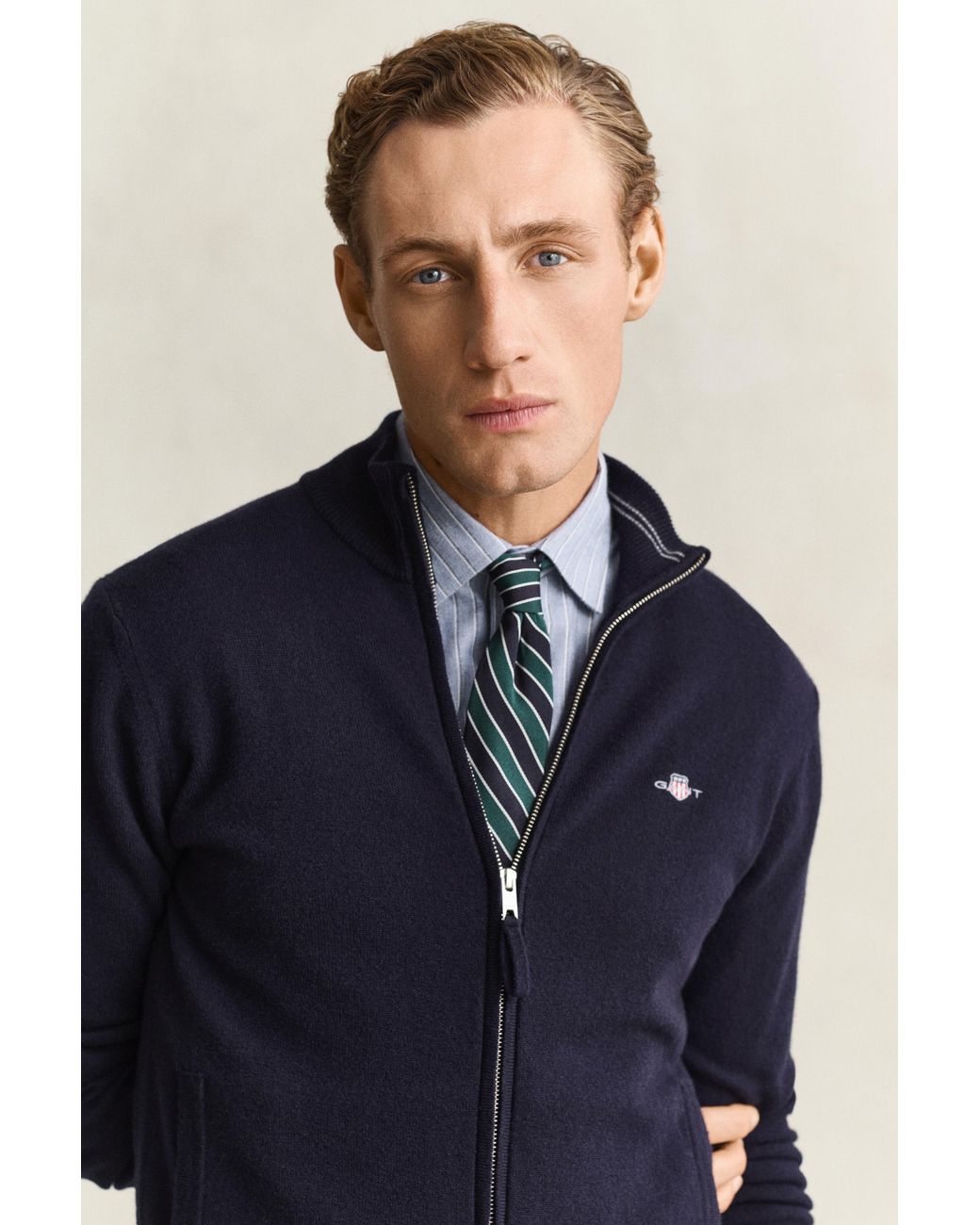 Gant Blue Lambswool Zip Cardigan Marine for men