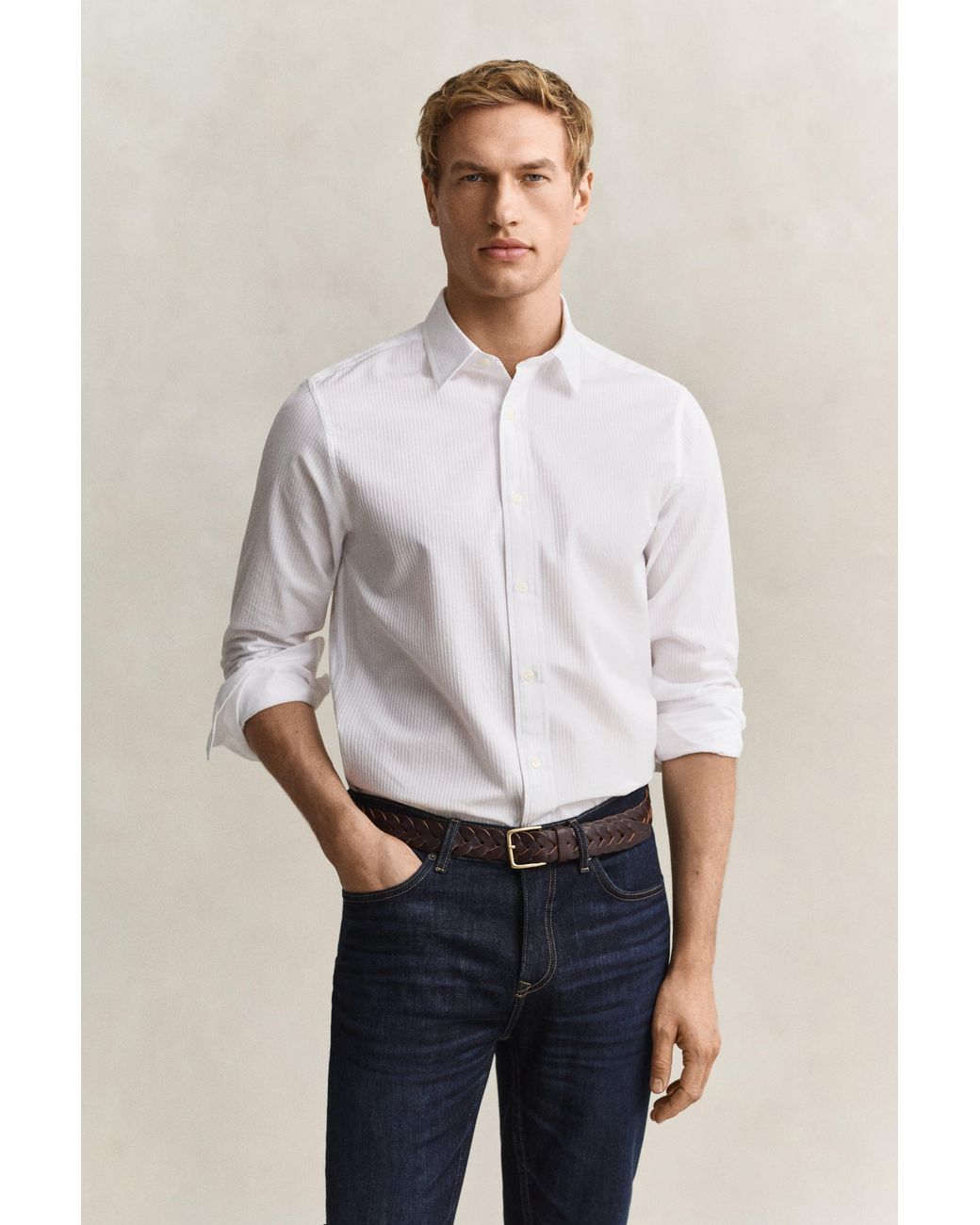 Gant White Regular Fit Dobby Striped Shirt for men