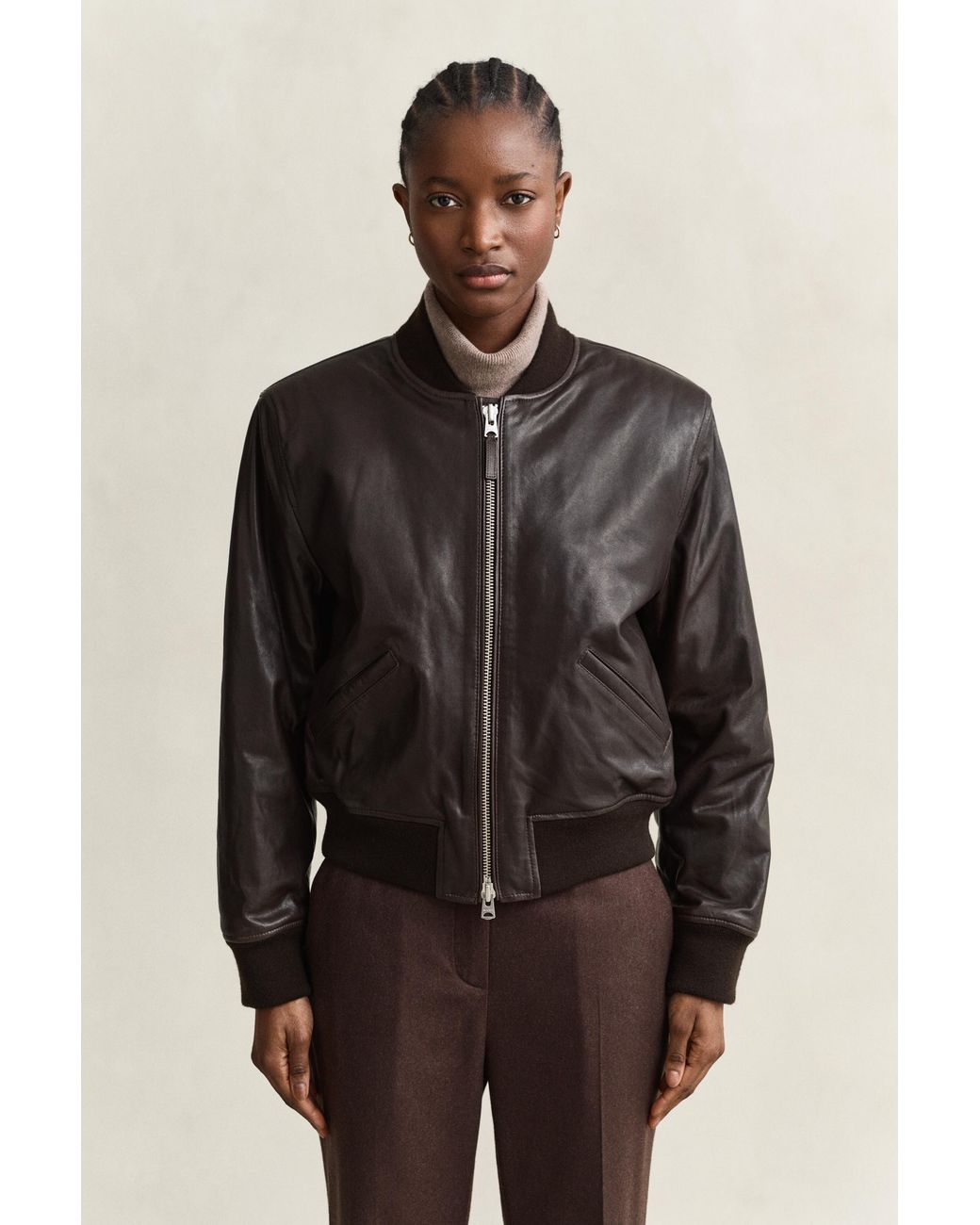 Gant Brown Leather Bomber Jacket Deep