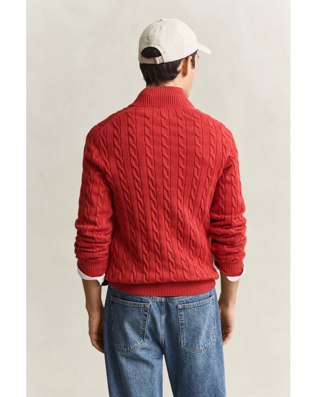 Gant Red Cotton Cable Knit Half-Zip Sweater for men