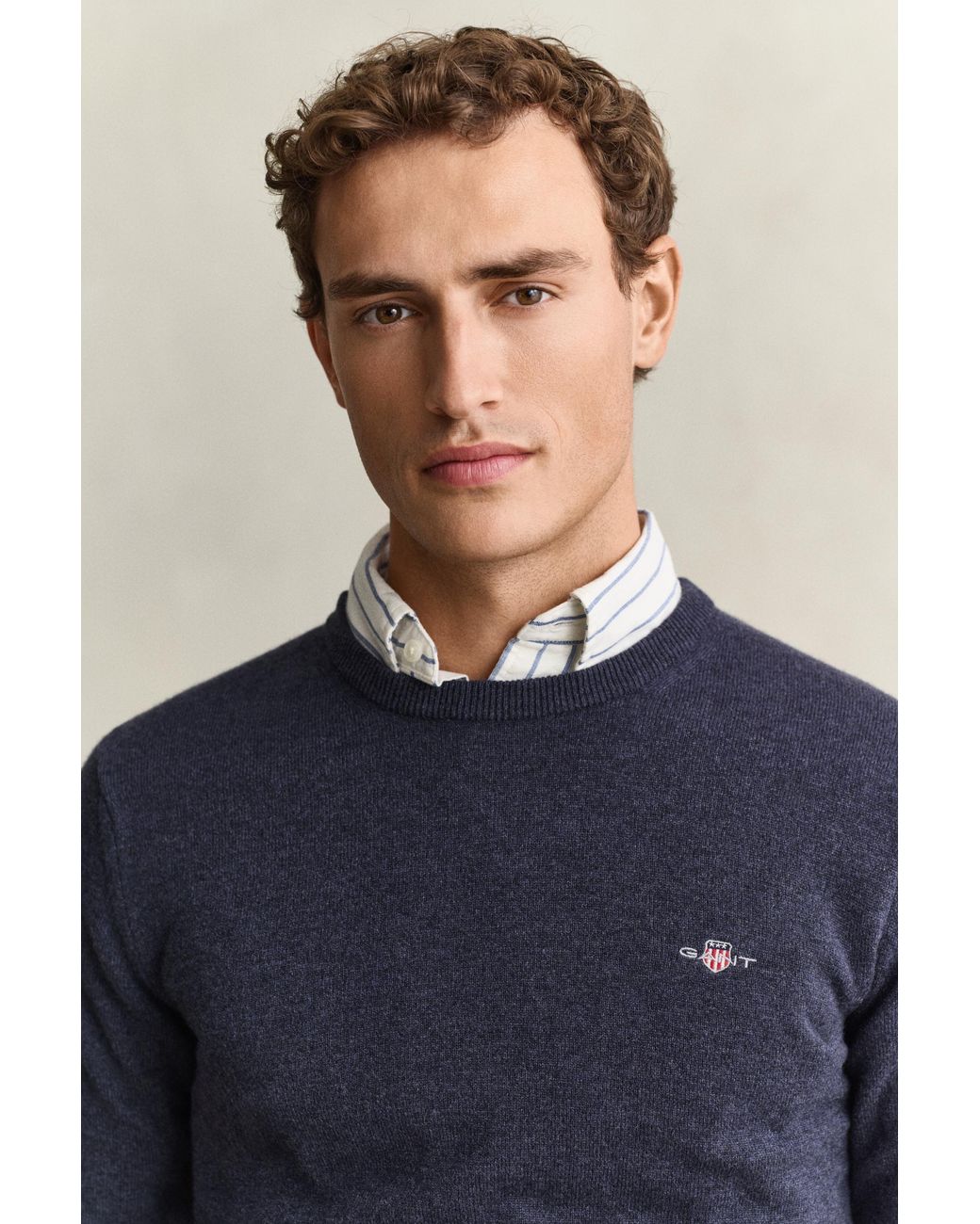 Gant Blue Lambswool Crew Neck Sweater Dark Melange for men