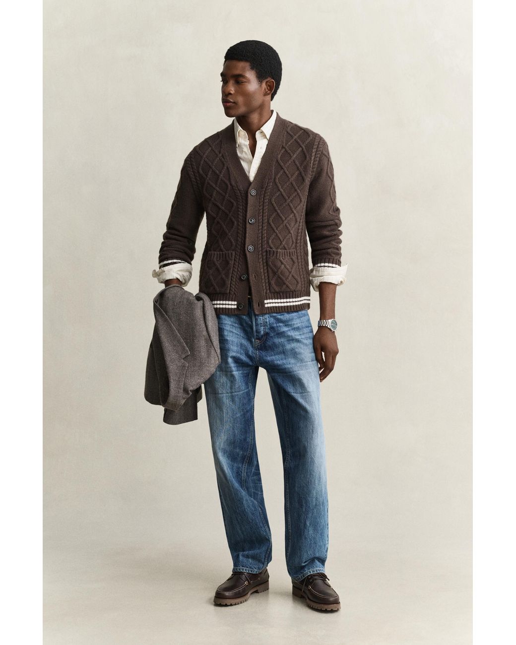 Gant Blue Wool Blend Cable Knit Cardigan for men