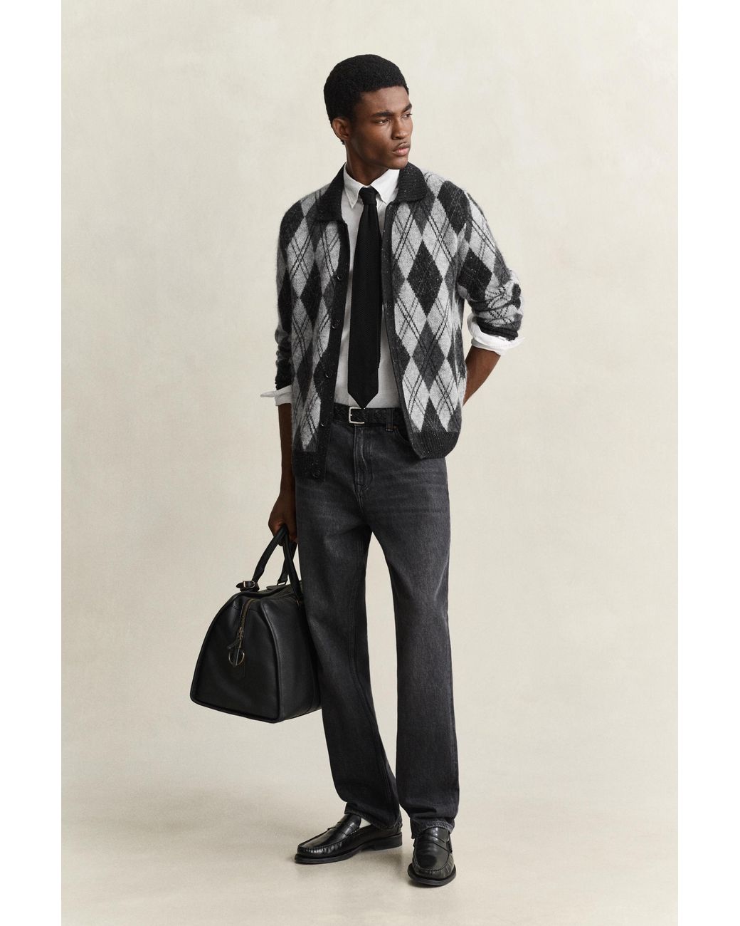 Gant Black Alpaca Wool Blend Argyle Polo Cardigan for men