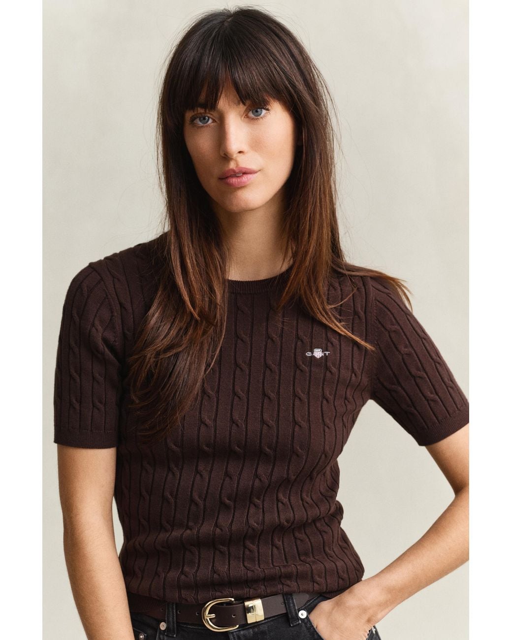 Gant Brown Stretch Cotton Cable Knit Short Sleeve Sweater Deep