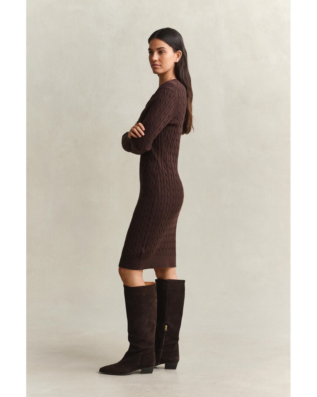 Gant Natural Stretch Cotton Cable Knit Crew Neck Dress Deep