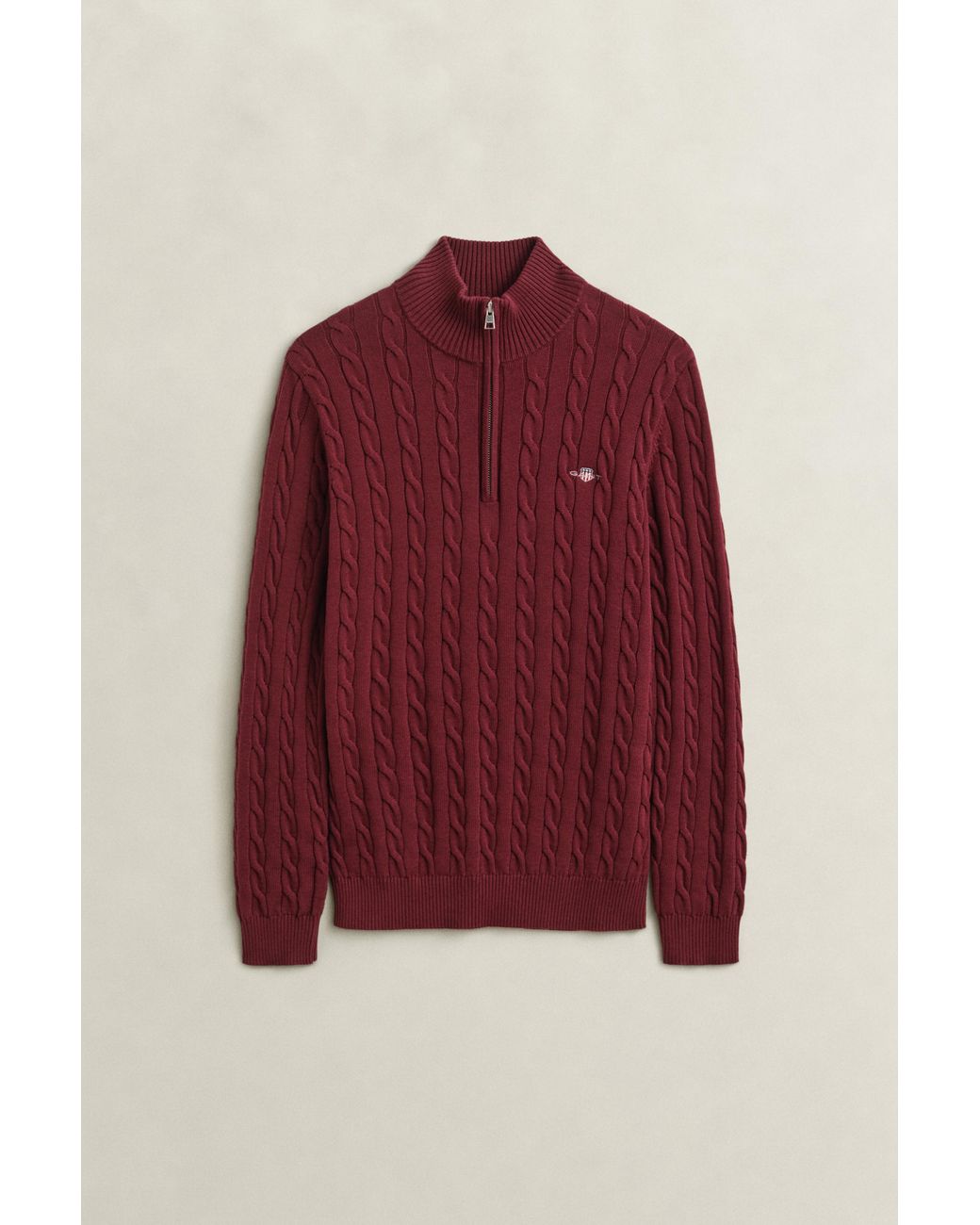Gant Red Cotton Cable Knit Half-Zip Sweater for men
