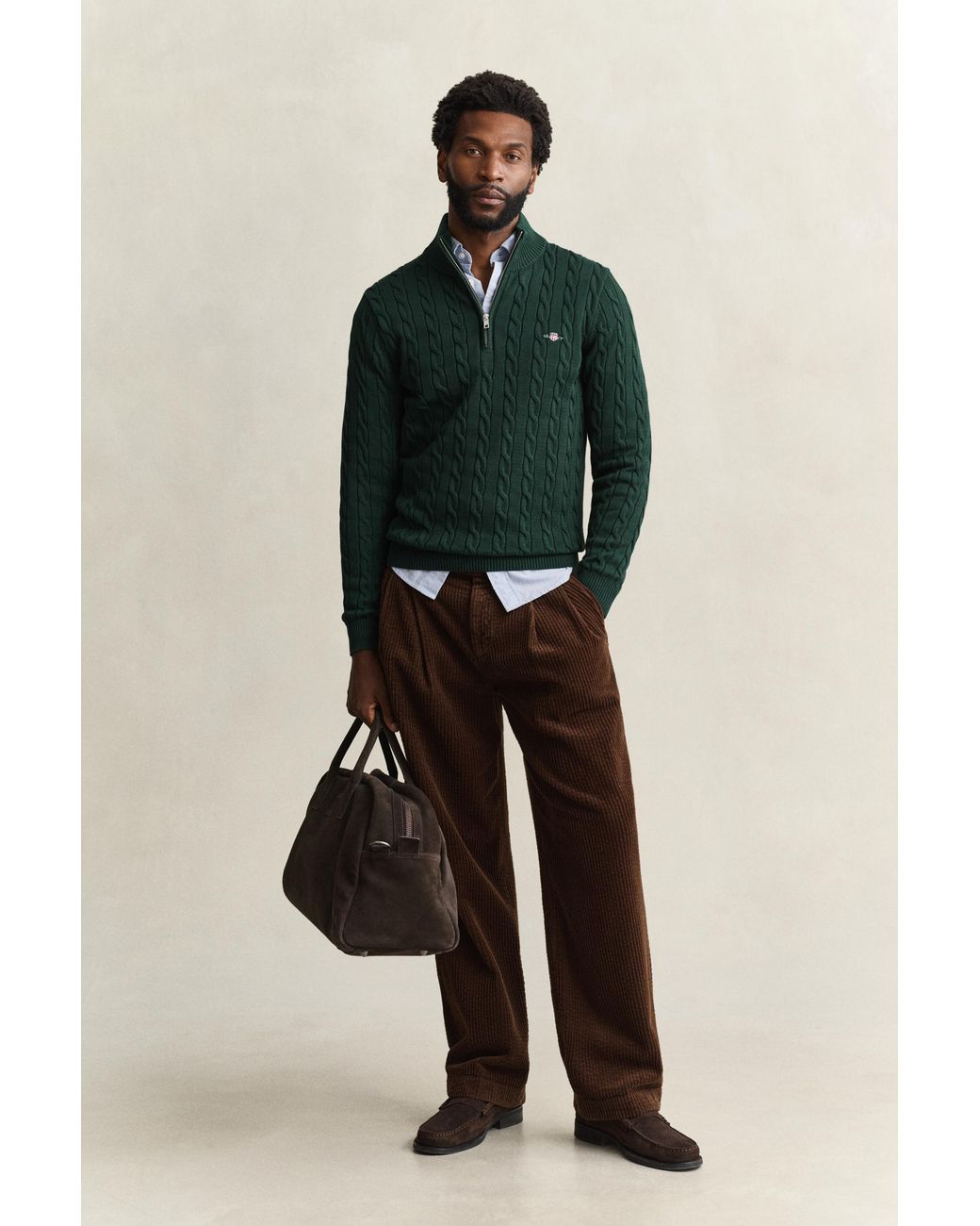Gant Green Cotton Cable Knit Half-Zip Sweater Tartan for men