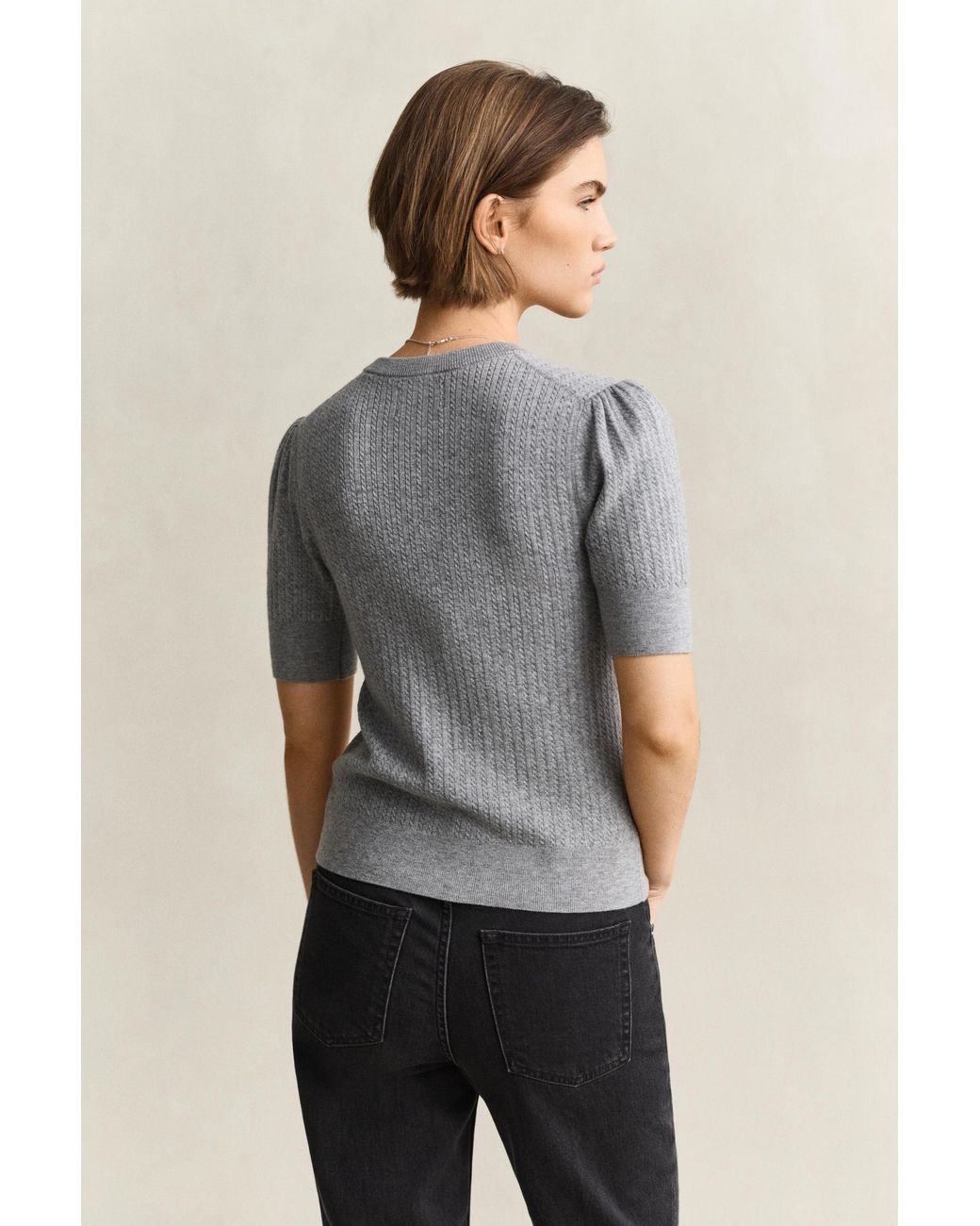 Gant Gray Cable Knit Short Sleeve Cardigan Melange