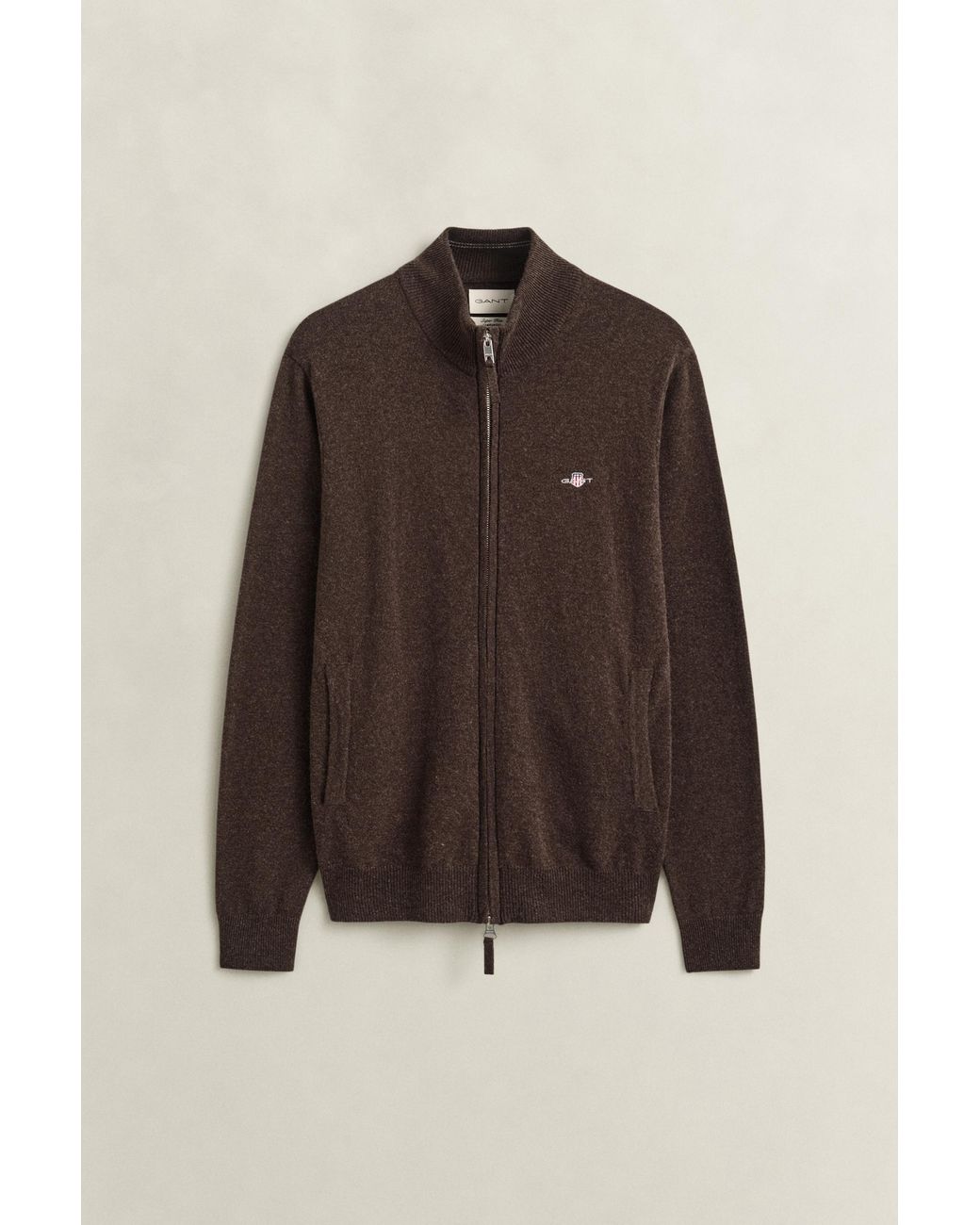 Gant Brown Lambswool Zip Cardigan Dark Melange for men