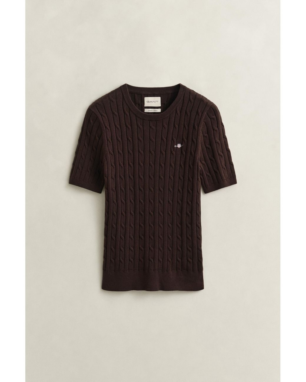 Gant Brown Stretch Cotton Cable Knit Short Sleeve Sweater Deep