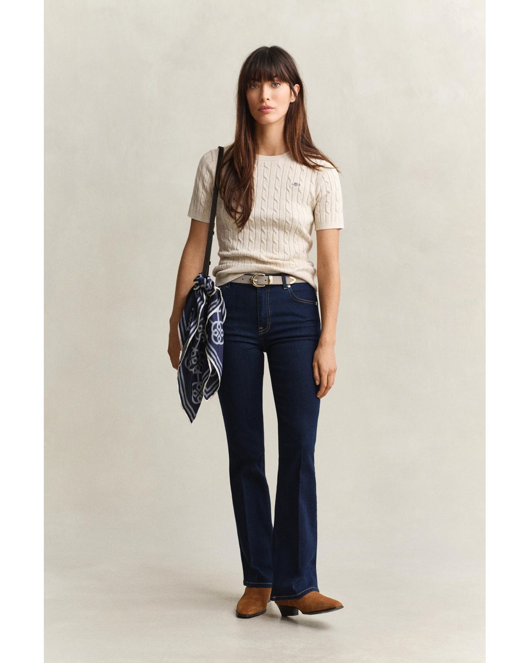 Gant Blue Stretch Cotton Cable Knit Short Sleeve Sweater