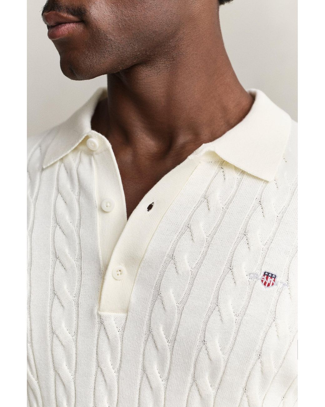 Gant Natural Cotton Cable Knit Polo Sweater Cream for men