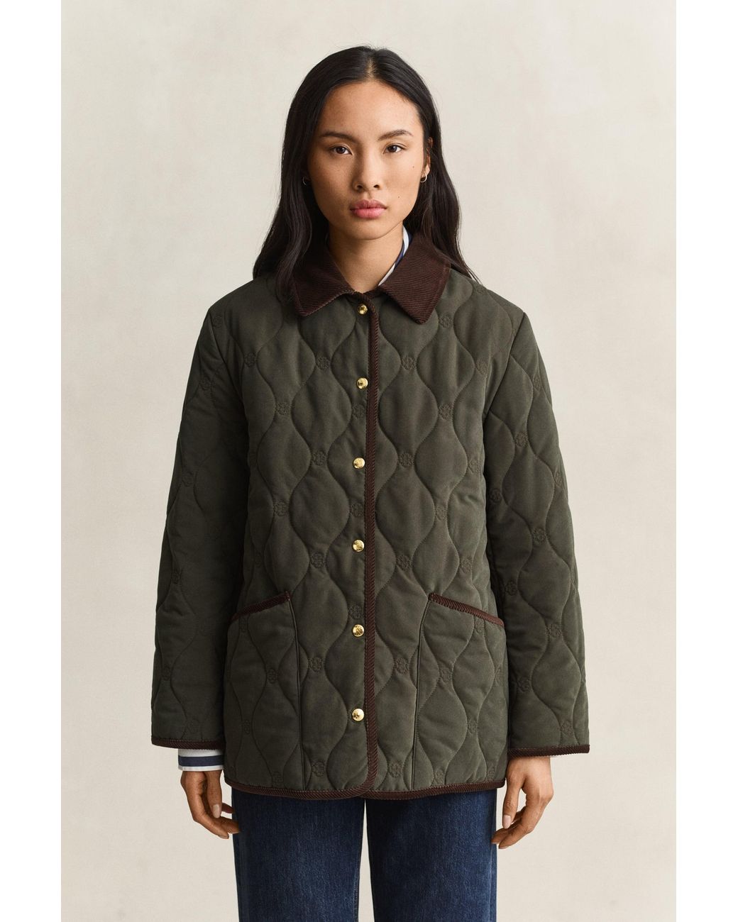 Gant Brown Monogram Quilted Jacket Dark Moss