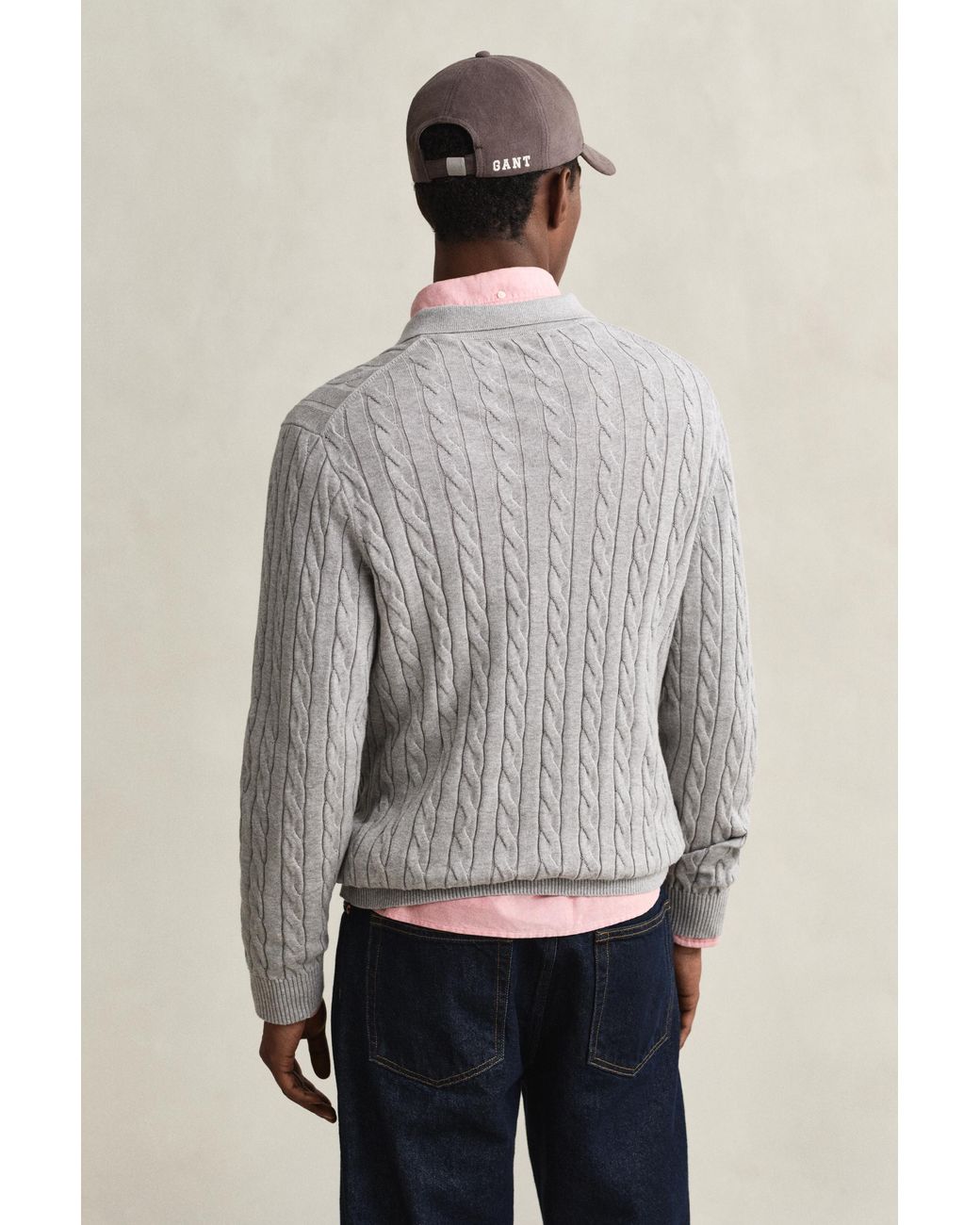 Gant Gray Cotton Cable Knit Polo Sweater Melange for men