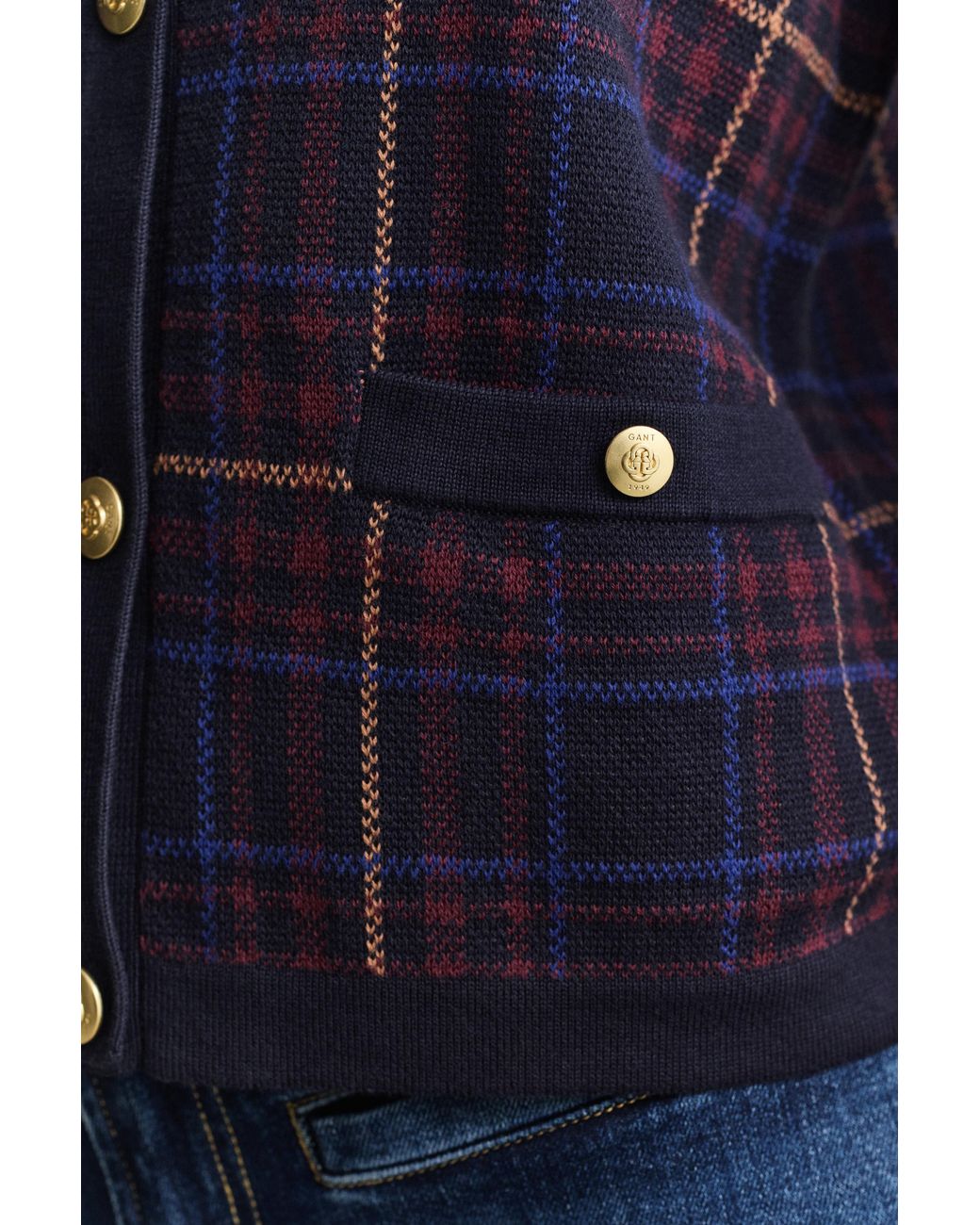 Gant Blue Knitted Check Cardigan Evening