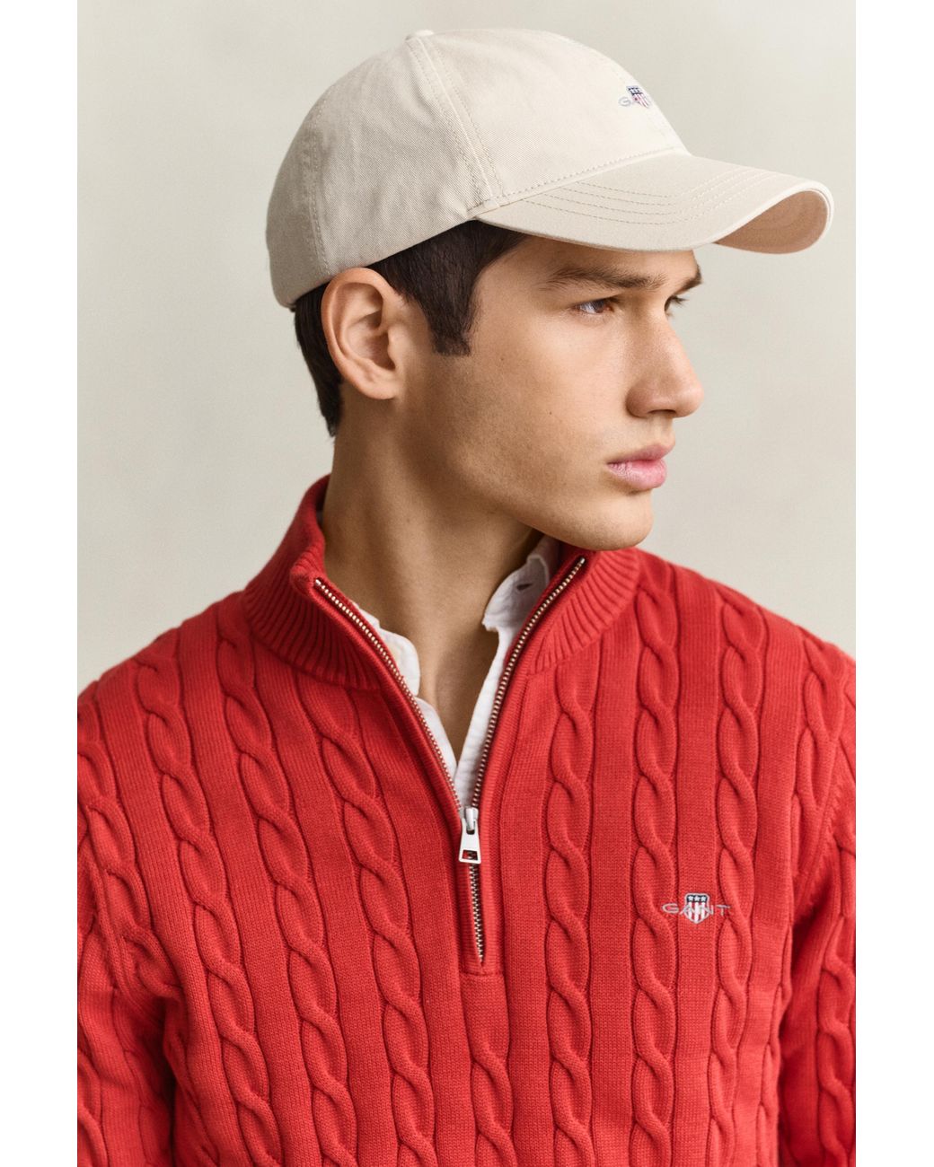 Gant Red Cotton Cable Knit Half-Zip Sweater for men