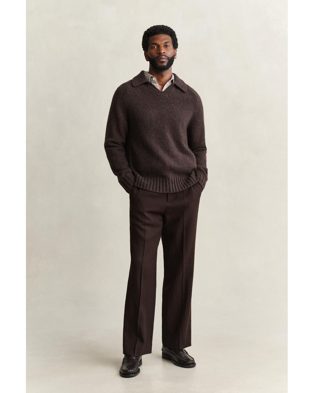 Gant Brown Wool Silk Blend Polo Sweater Dark Melange for men