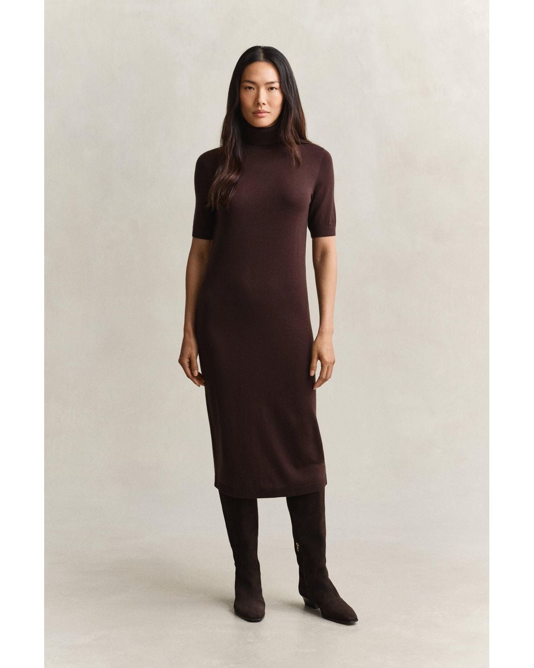Gant Brown Merino Wool Turtleneck Dress Deep