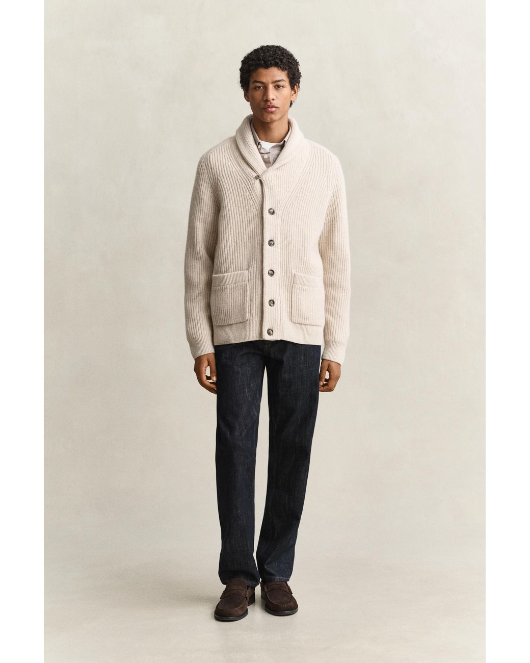 Gant Natural Ribbed Wool Blend Cardigan Light Melange for men