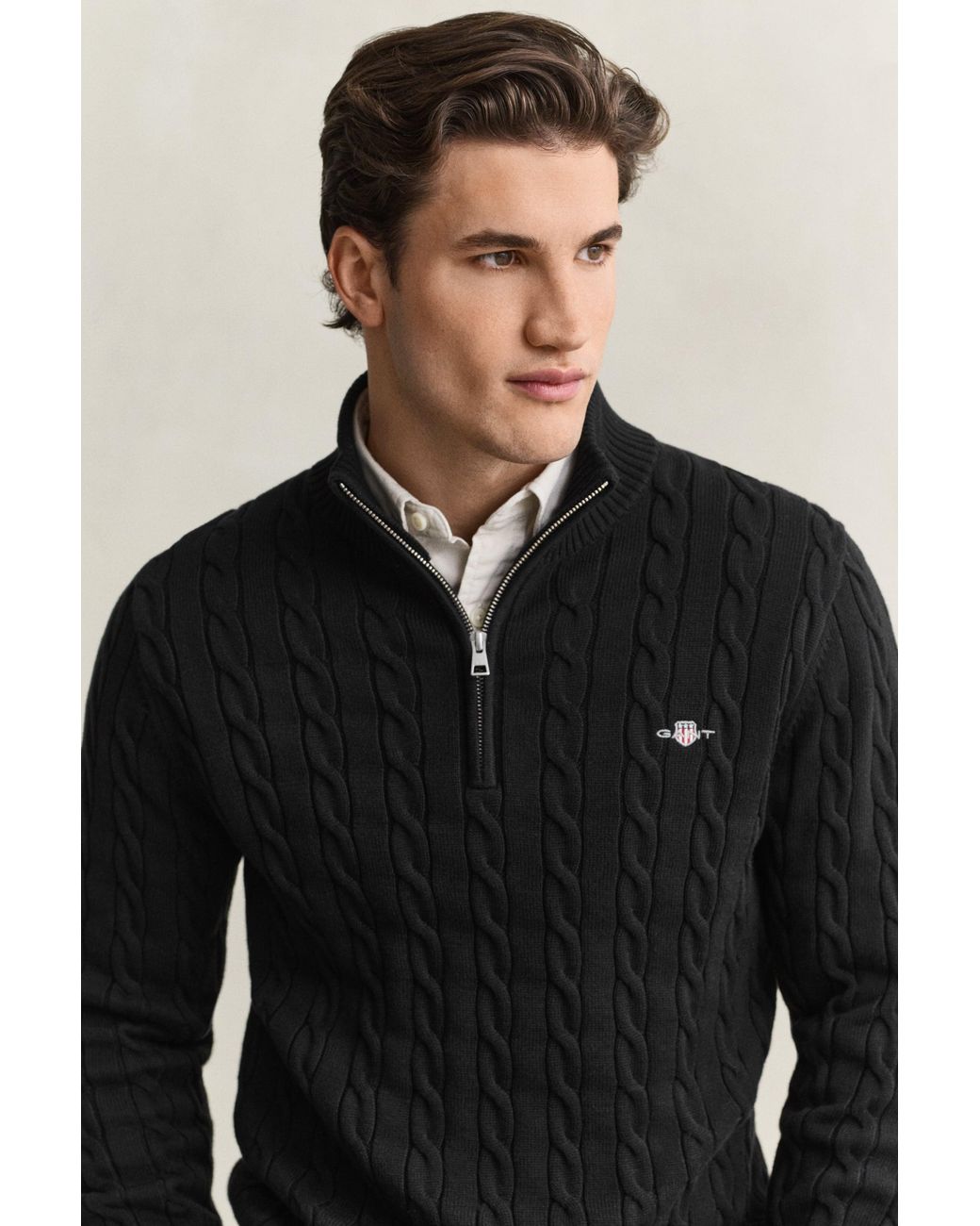 Gant Black Cotton Cable Knit Half-Zip Sweater for men