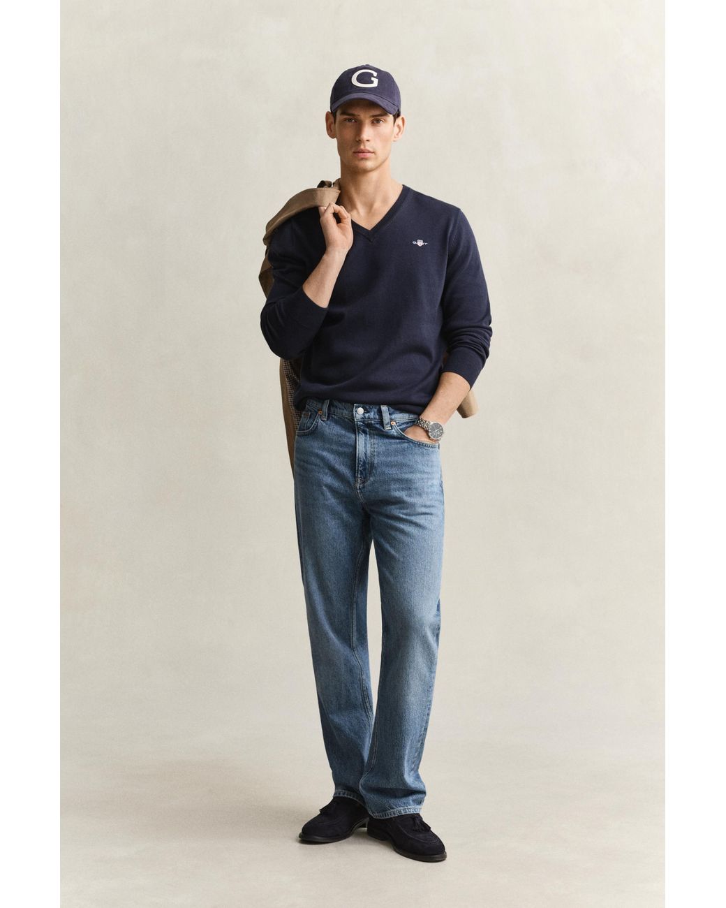 Gant Blue Cotton V-Neck Sweater Evening for men