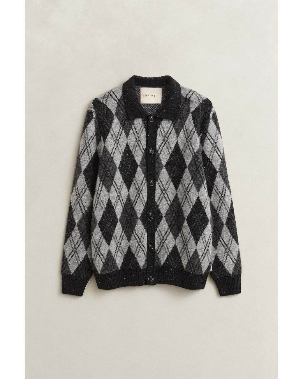 Gant Black Alpaca Wool Blend Argyle Polo Cardigan for men