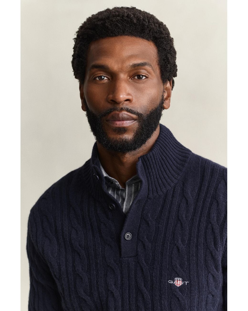 Gant Blue Lambswool Cable Knit Half-Buttoned Sweater Evening for men