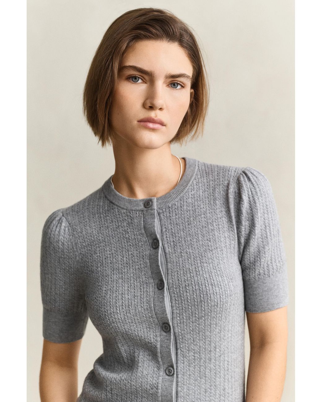 Gant Gray Cable Knit Short Sleeve Cardigan Melange