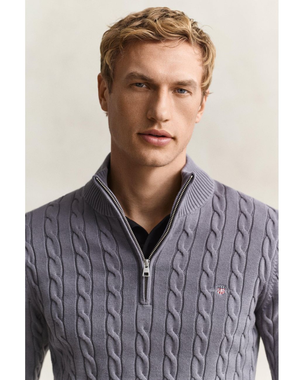 Gant Gray Cotton Cable Knit Half-Zip Sweater for men