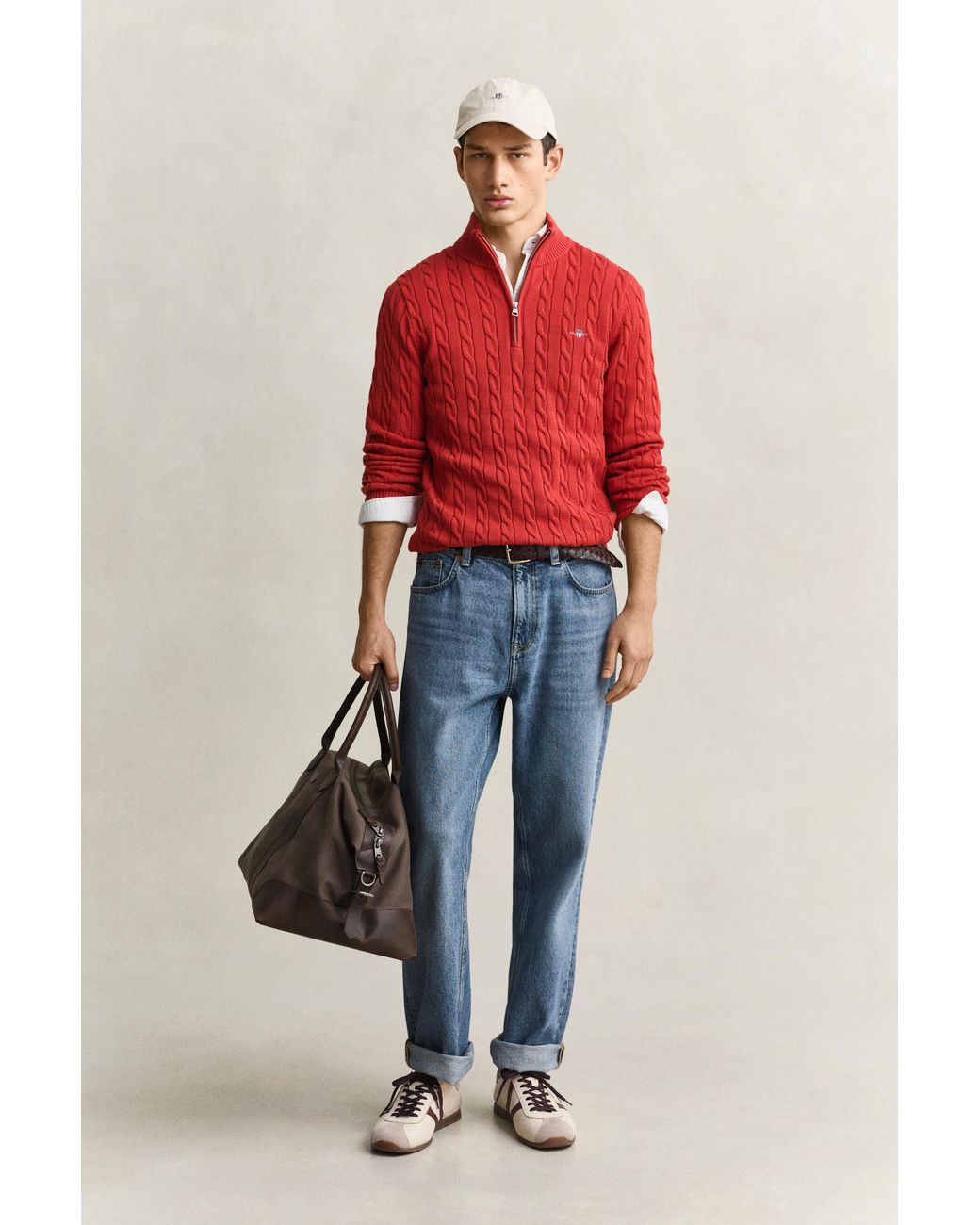 Gant Red Cotton Cable Knit Half-Zip Sweater for men