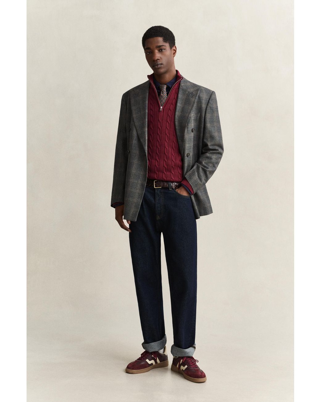 Gant Red Cotton Cable Knit Half-Zip Sweater for men
