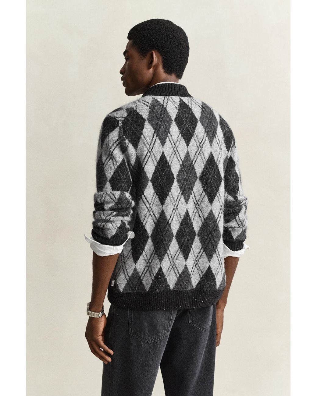 Gant Black Alpaca Wool Blend Argyle Polo Cardigan for men