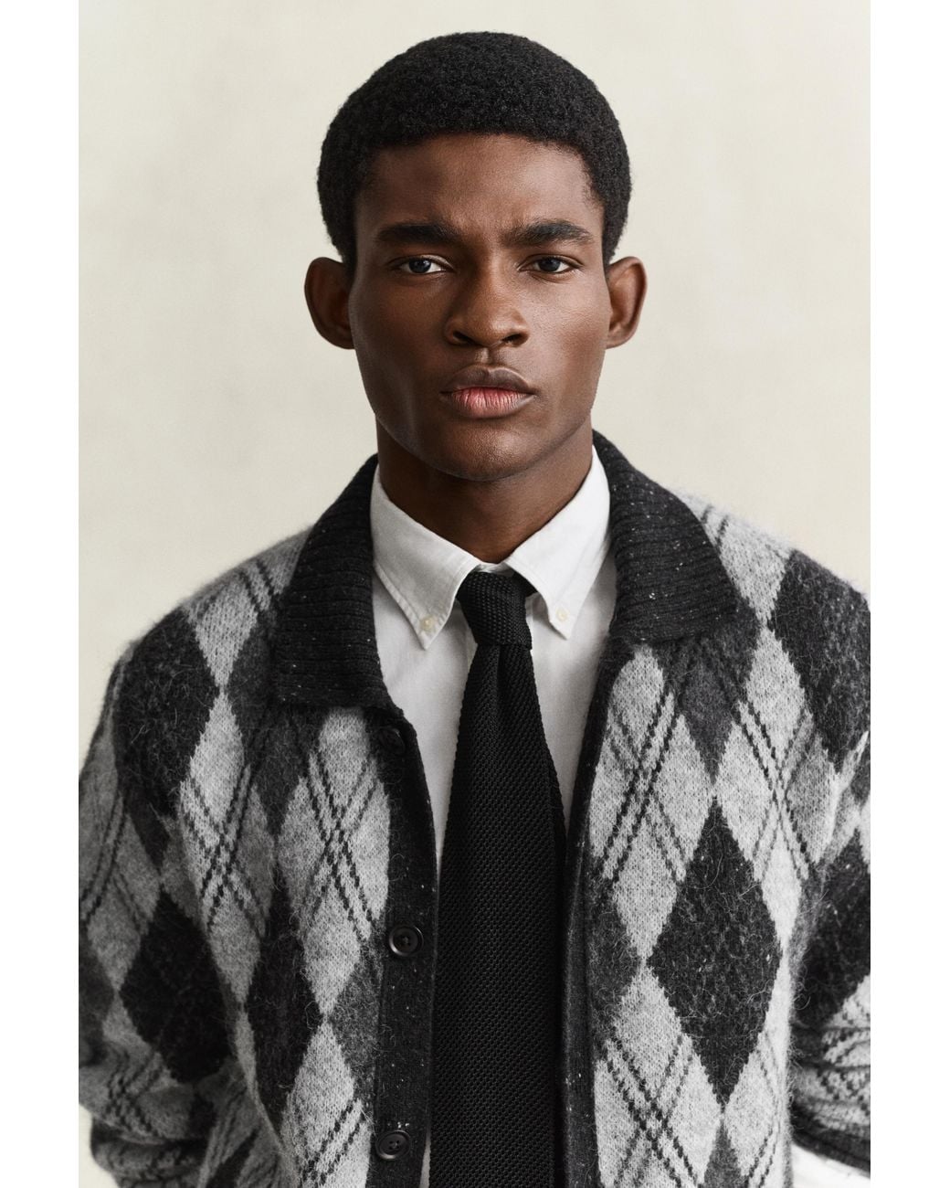 Gant Black Alpaca Wool Blend Argyle Polo Cardigan for men