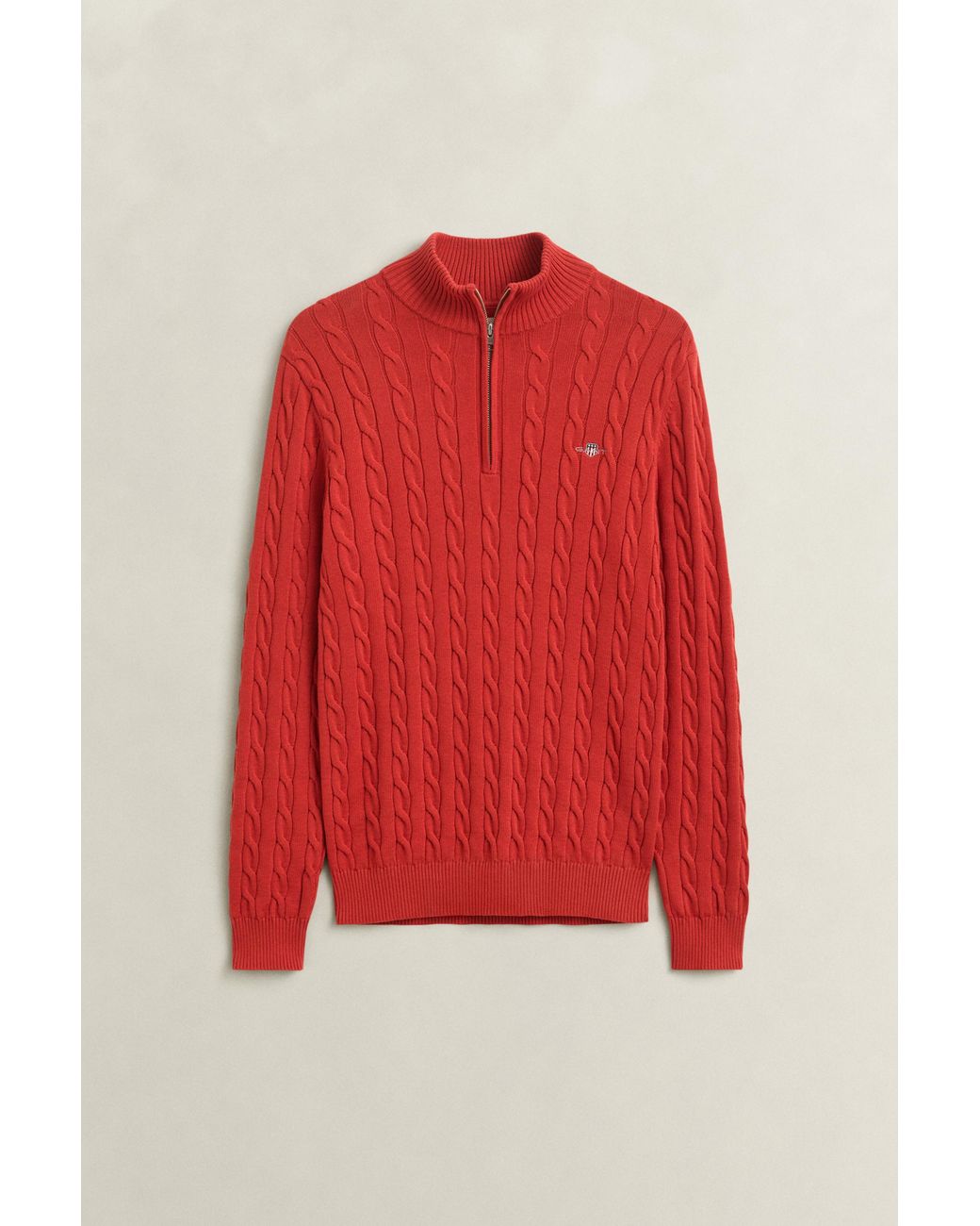 Gant Red Cotton Cable Knit Half-Zip Sweater for men