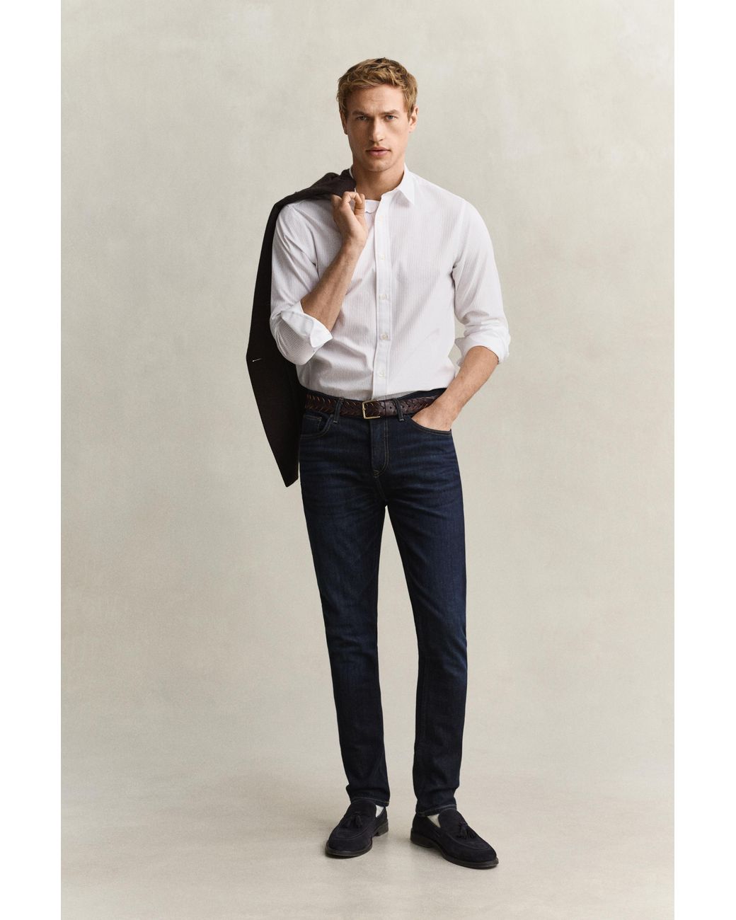 Gant White Regular Fit Dobby Striped Shirt for men